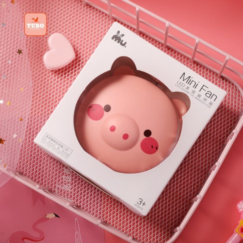 Quạt mini cầm tay hình con heo đa năng 3 trong 1 có đèn LED có GƯƠNG soi tiện lợi cho các bạn nữ - Tubosocks