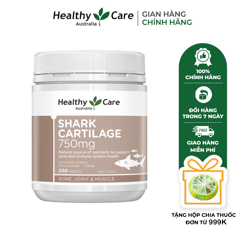 Viên uống sụn vi cá hỗ trợ xương khớp Healthy Care Shark Cartilage 750mg 200 viên