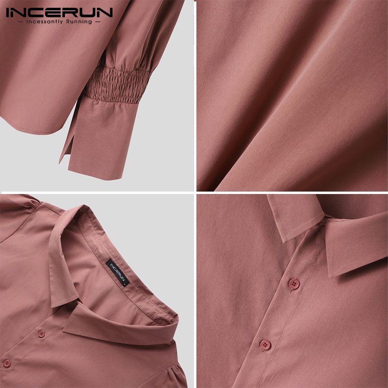 Áo sơ mi nam INCERUN tay dài phồng dáng rộng cài nút màu trơn thời trang vintage