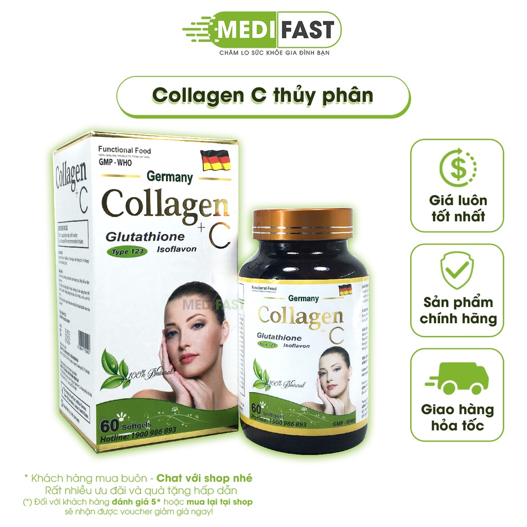 Collagen +C hộp 60 viên có thêm vitamin C, E, mầm đậu nành và glutathion Bổ sung nội tiết tố từ Collagen thủy phân