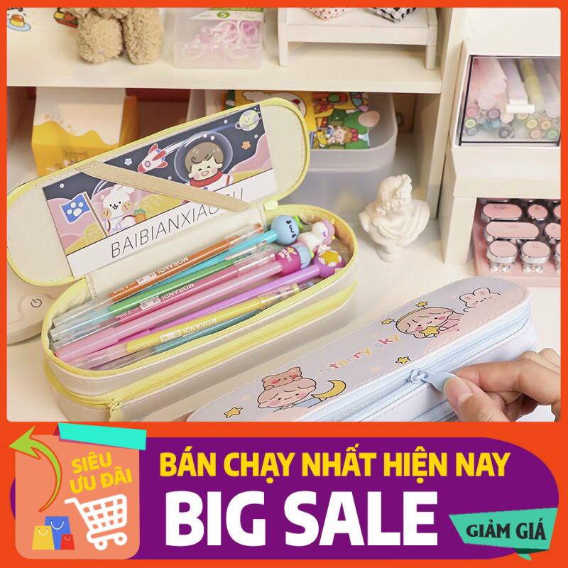 Hộp bút da PU nhiều ngăn hình thú, bóp viết 2 tầng cỡ to chống nước màu pastel cho bé gái