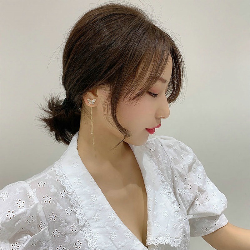 Bông Tai Mạ Bạc 925 Dáng Dài Đính Bướm Dễ Thương Phong Cách Hàn Quốc