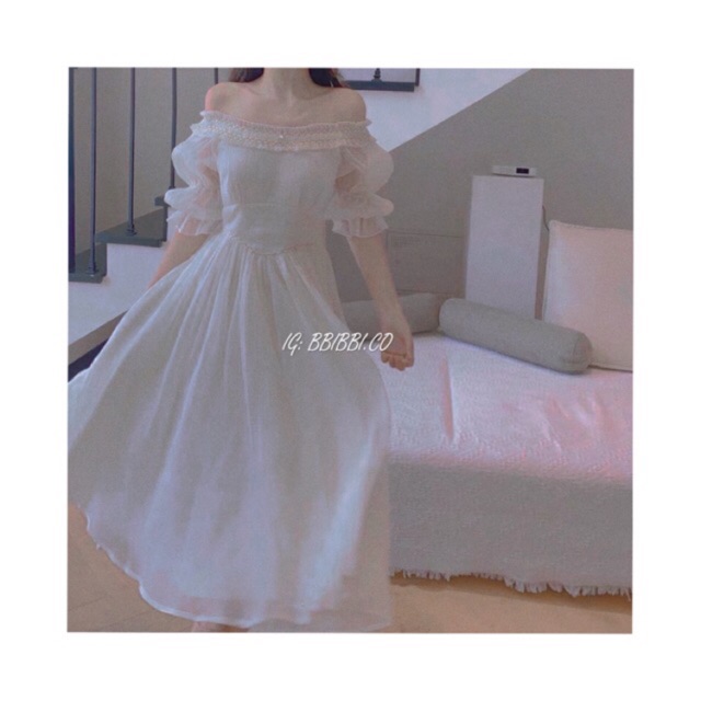 VÁY TRẮNG CÔNG CHÚA TIỂU THƯ TRỄ VAI SEXY QUYẾN RŨ- VÁY TRẮNG TAY PHỒNG DÀI DỰ TIỆC PROM KỈ YẾU- VÁY XOÈ
