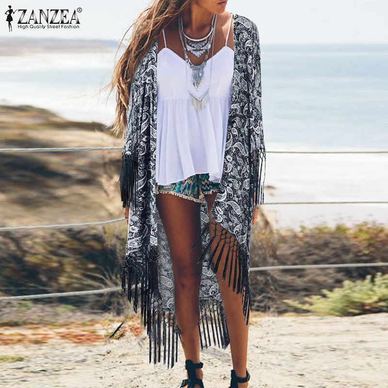 Zanzea Áo Khoác cardigan Nữ Tay Lửng Họa Tiết Hoa Phong Cách Retro