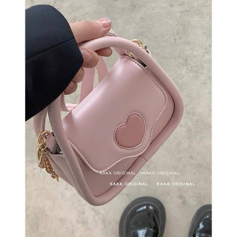 SENSES// Portable Heart Shape Bag New Fashion Pink Saddle Bag Versatile Chain Bag Messenger Bag fUJ6