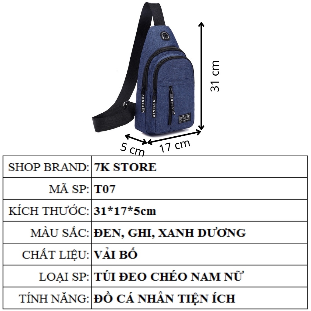 Túi đeo chéo nam trước ngực thời trang Hàn Quốc vải bố 7K STORE T07