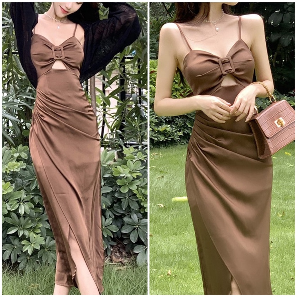 Váy hai dây body lụa xẻ tà nâu tây hàng cao cấp