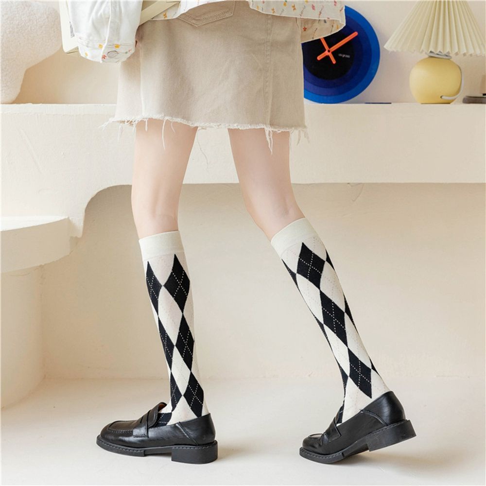 Vớ cotton cổ cao họa tiết kim cương phong cách lolita thời trang thu đông Nhật Bản cho nữ