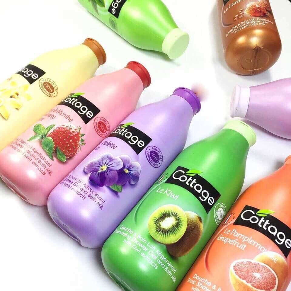 Sữa tắm dưỡng trắng da COTTAGE Pháp 750ml hương Vani/ trà xanh/hoa violette/caramel/đào/dâu/cam/lựu đỏ