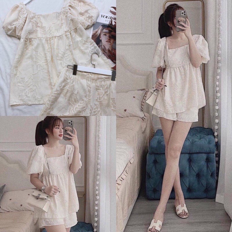 🦄HÀNG CAO CẤP🦄 Set bộ Babydoll trắng kem 2 lớp_Áo hoa cổ vuông quần sooc cạp chun co giãn thoải mái_Freesize