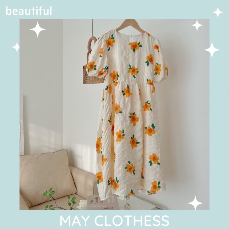 Đầm - Váy babydoll Dáng Dài Tay Bồng Hoa Cam