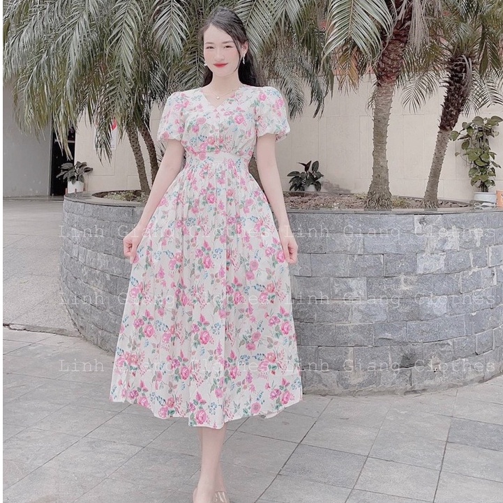 Váy hoa hồng sữa xinh xắn khóa lưng sịn sò tay bồng đâm xòe nữ hoa lá SL650