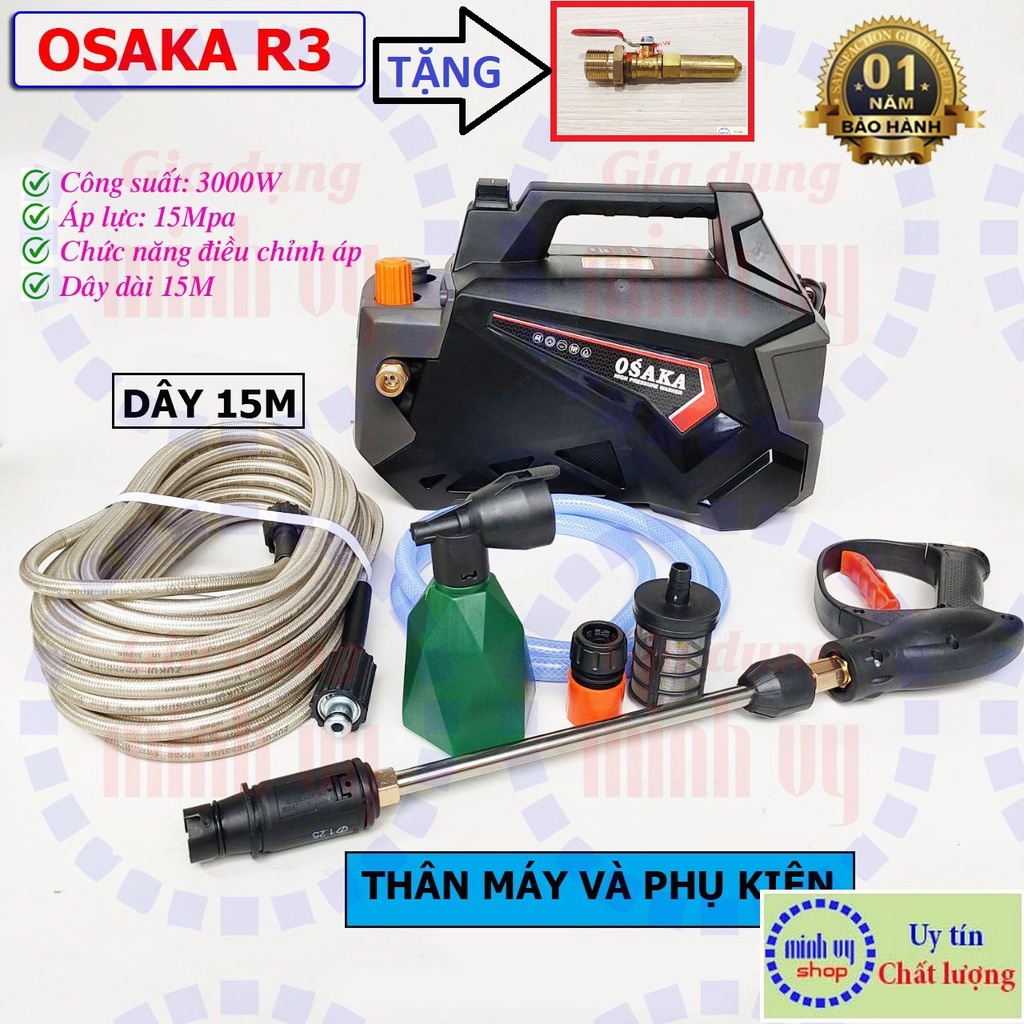 Máy xịt rửa điều hòa- máy rửa xe chỉnh áp Osaka R3 - 3000W - Dây 15 mét TẶNG kèm béc rửa máy lạnh