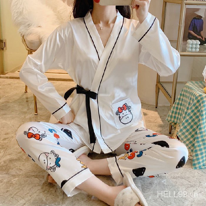 Bộ Đồ Ngủ Kimono Tay Dài Vải Lụa Lạnh Phối Dây Buộc Phong Cách Nhật Bản Thời Trang Xuân Thu Cho Nữ | BigBuy360 - bigbuy360.vn