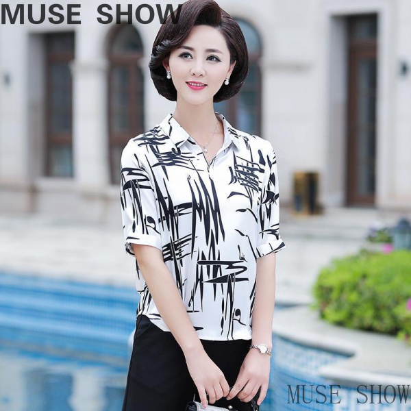 Áo Kiểu chiffon Ngắn Tay Thời Trang Cho Phụ Nữ Trung Niên