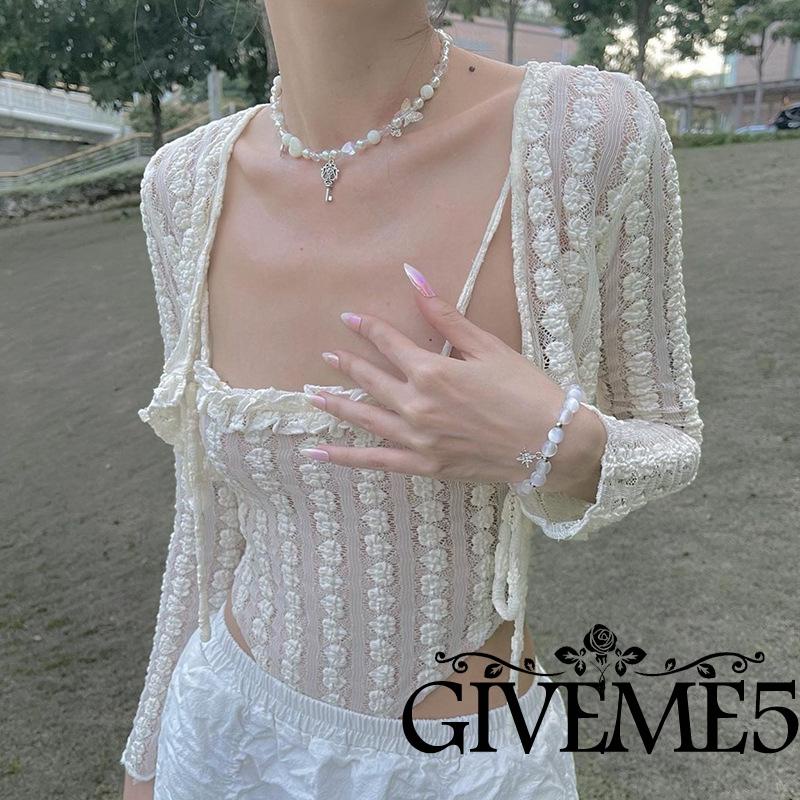 Bộ 2 Món Áo Croptop Tay Dài Thắt Nút + Áo Hai Dây Màu Trơn Thời Trang Xuân Hè Cho Bạn Gái