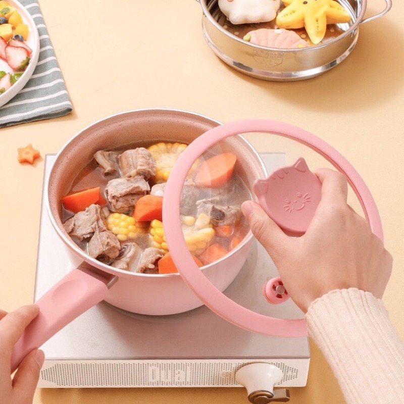 [ BẢO HÀNH 12 THÁNG ] Bộ Nồi Chảo Fashion Hình Mèo Kèm Xửng Hấp Inox Cho Bé Babi