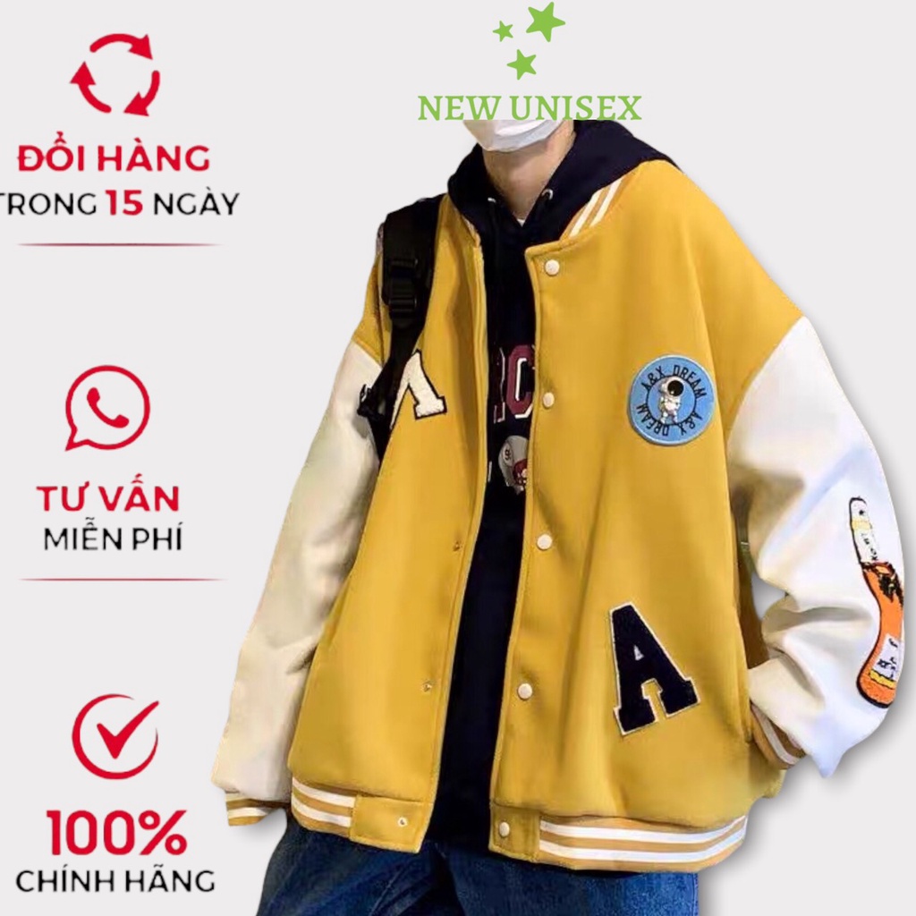 Áo Khoác Bomber Nam Nữ Chất Vải Nỉ Cúc Bấm Họa Tiết Chữ M Trắng Chữ A Đen Hot Trend