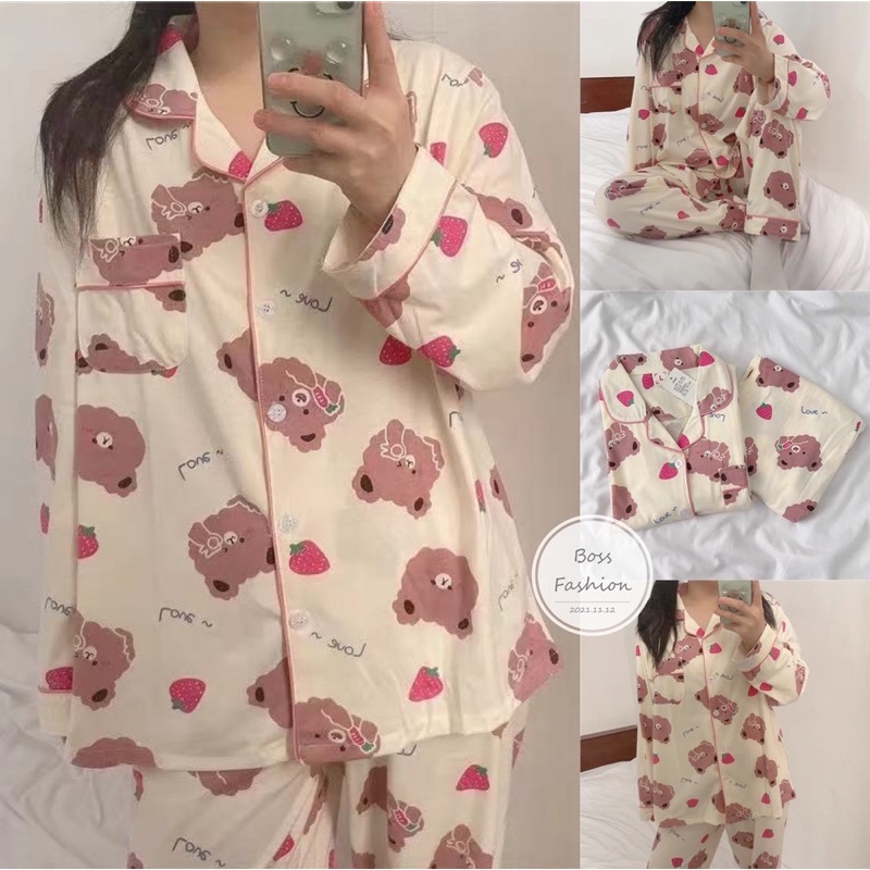 Bộ Pijama Dài Tay, Bộ Đồ Ngủ Nữ Mặc Nhà Thu Đông Họa Tiết Gấu Dâu Form Rộng