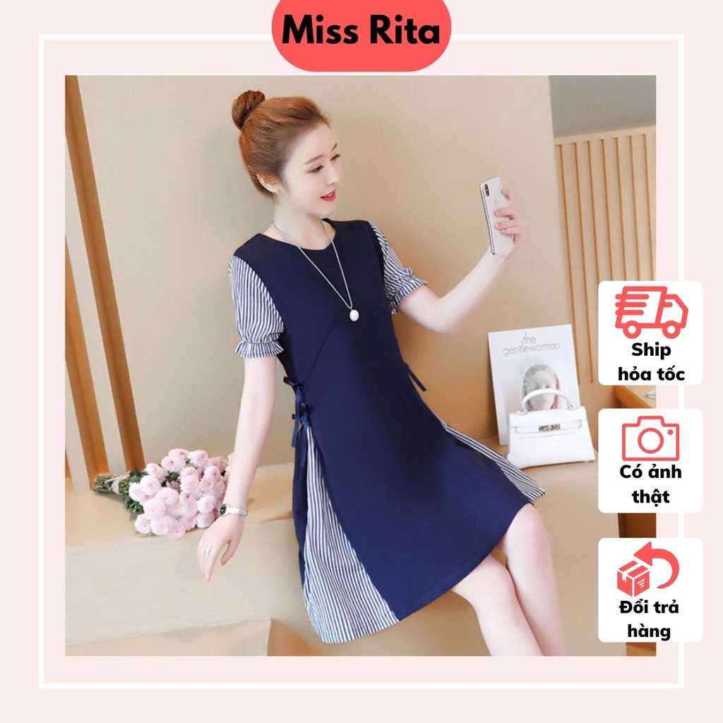 Đầm bầu công sở thiết kế MISS RITA Đầm bầu mùa hè xanh than pha kẻ sườn eo nơ xinh xắn thiết kế bởi Miss Rita