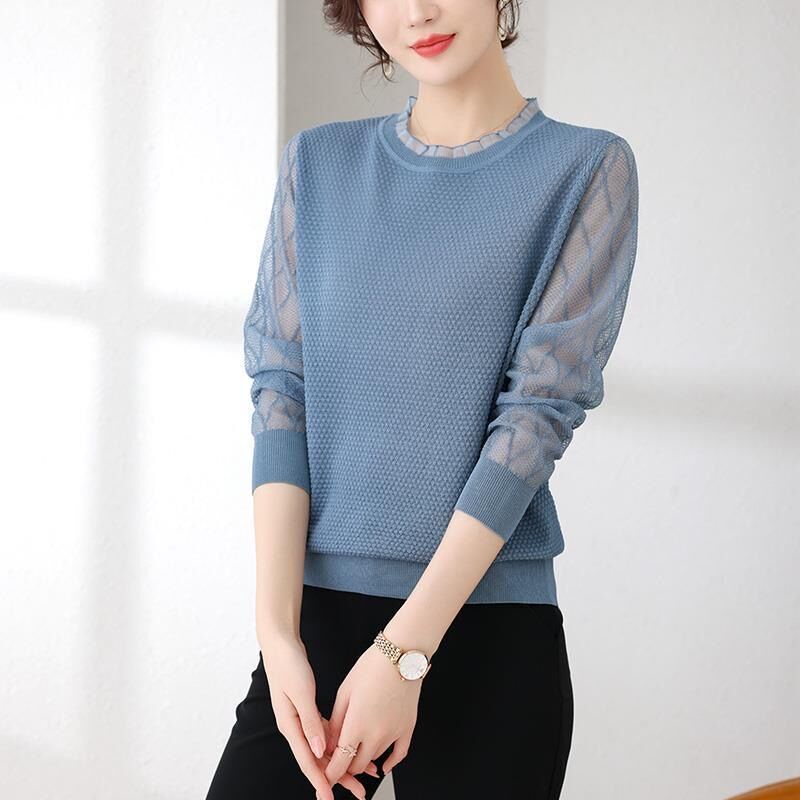 Áo Dệt Kim Cổ Tròn Phối Ren Mỏng Thời Trang Mùa Thu Cho Nữ