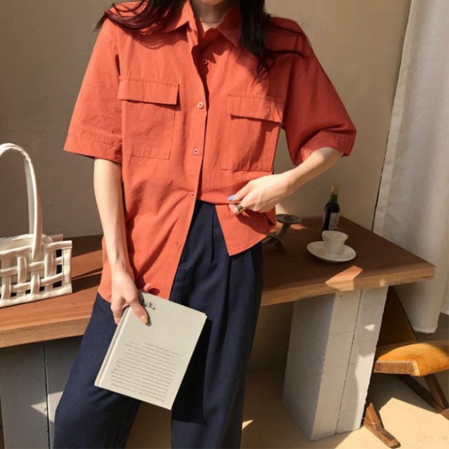 Áo Sơ Mi Ngắn Tay Form Rộng Màu Cam Đất Siêu Hot🍁 Unisex nam nữ đều mặc được | BigBuy360 - bigbuy360.vn