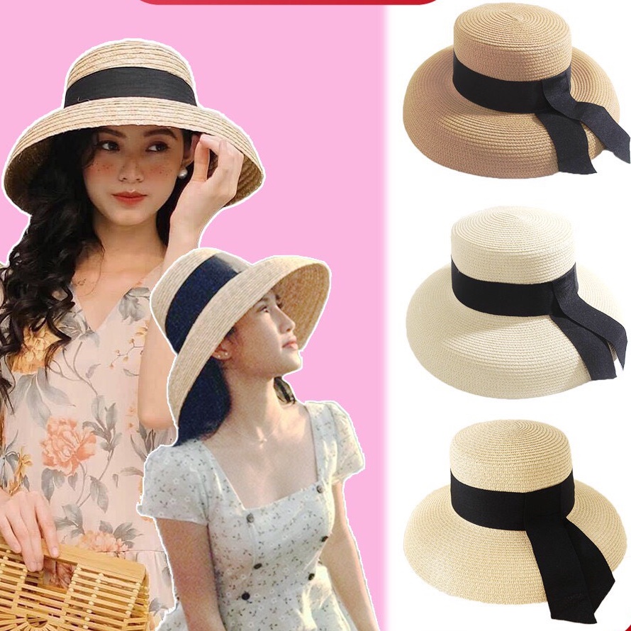 Mũ Cói Đi Biển Có Gắn Ruy Băng Thời Trang