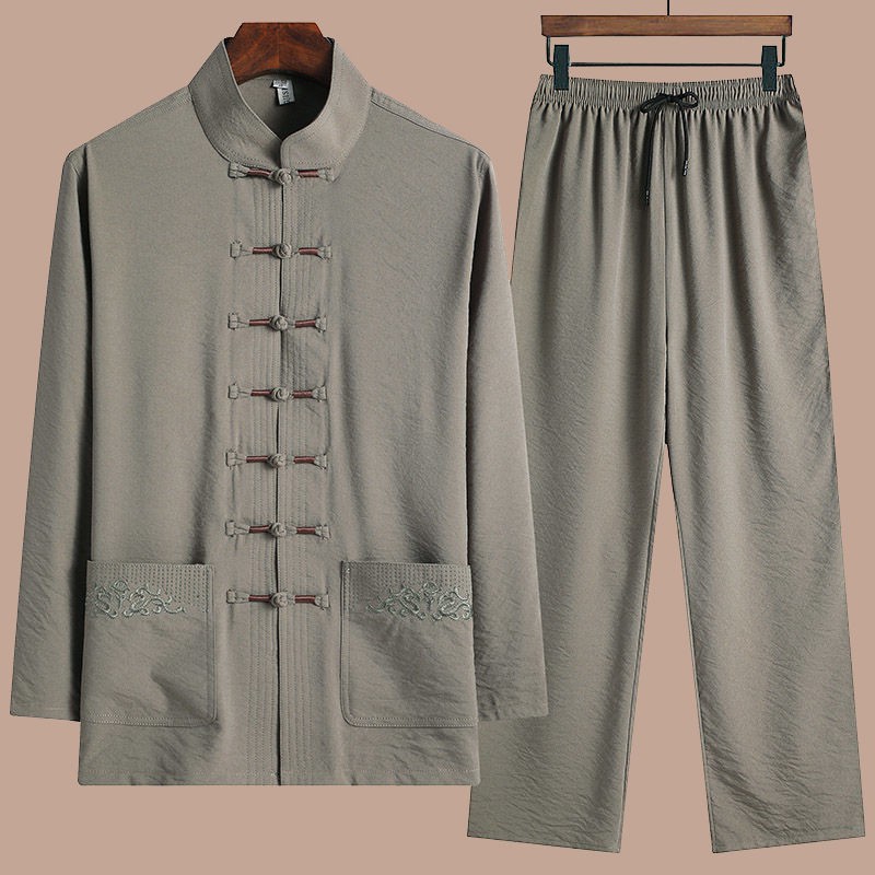 áo thun tay☁Người trung niên và cao tuổi Bộ đồ nam dài tay giản dị kiểu Quốc giới Hanfu cha ông nội quần áo mùa h