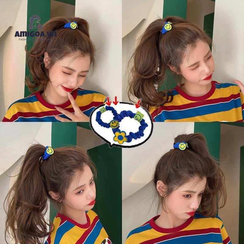 ✨✨Dây Buộc Tóc Cao Su Co Giãn Hình Hoa Mặt Cười Màu Xanh Klein Cho Nữ