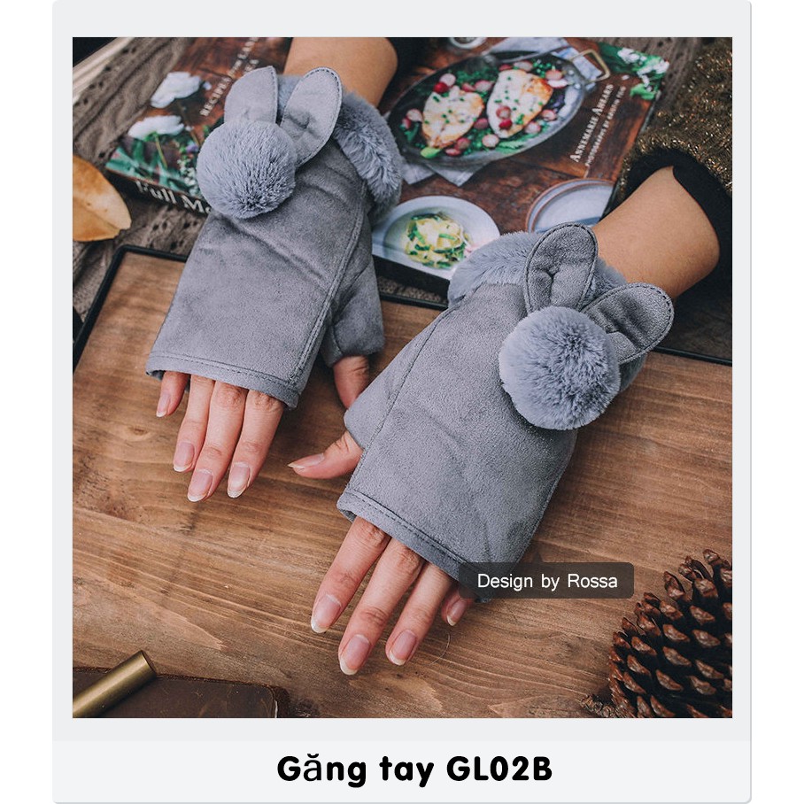 GL02B Găng tay nữ Hàn Quốc lót nhung tai thỏ hở ngón (màu ngẫu nhiên)