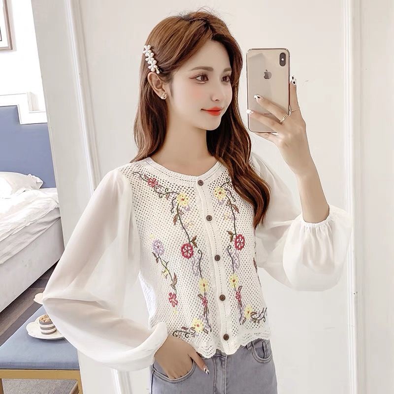 Hàng Có Sẵn Áo Khoác Cardigan Ngắn Dáng Rộng Bằng Vải Voan Ghép Nối Lỗ Phong Cách Mới Năm 2021