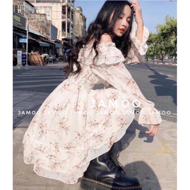 Váy hoa nhí siêu xinh _ Đầm hoa nhí trễ vai hai màu JAMOO (hình shop tự chụp/sẵn) | BigBuy360 - bigbuy360.vn