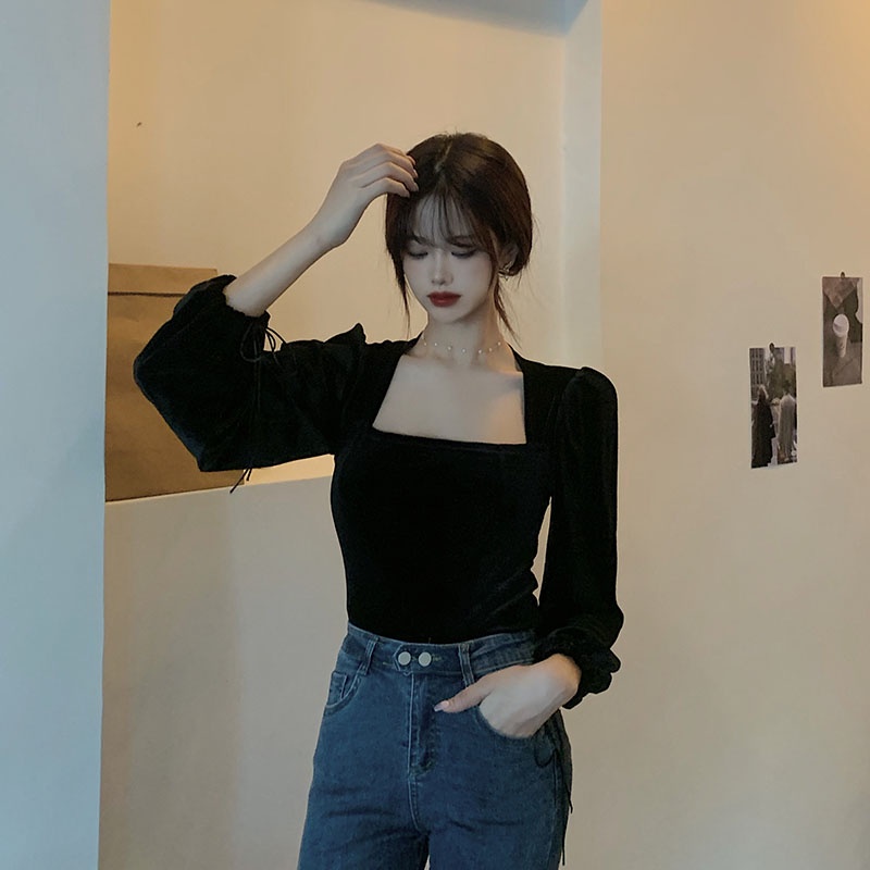 QKOOLE  Áo Kiểu Tay Dài Cổ Vuông Phong Cách Retro Hàn Quốc Thời Trang Cho Nữ