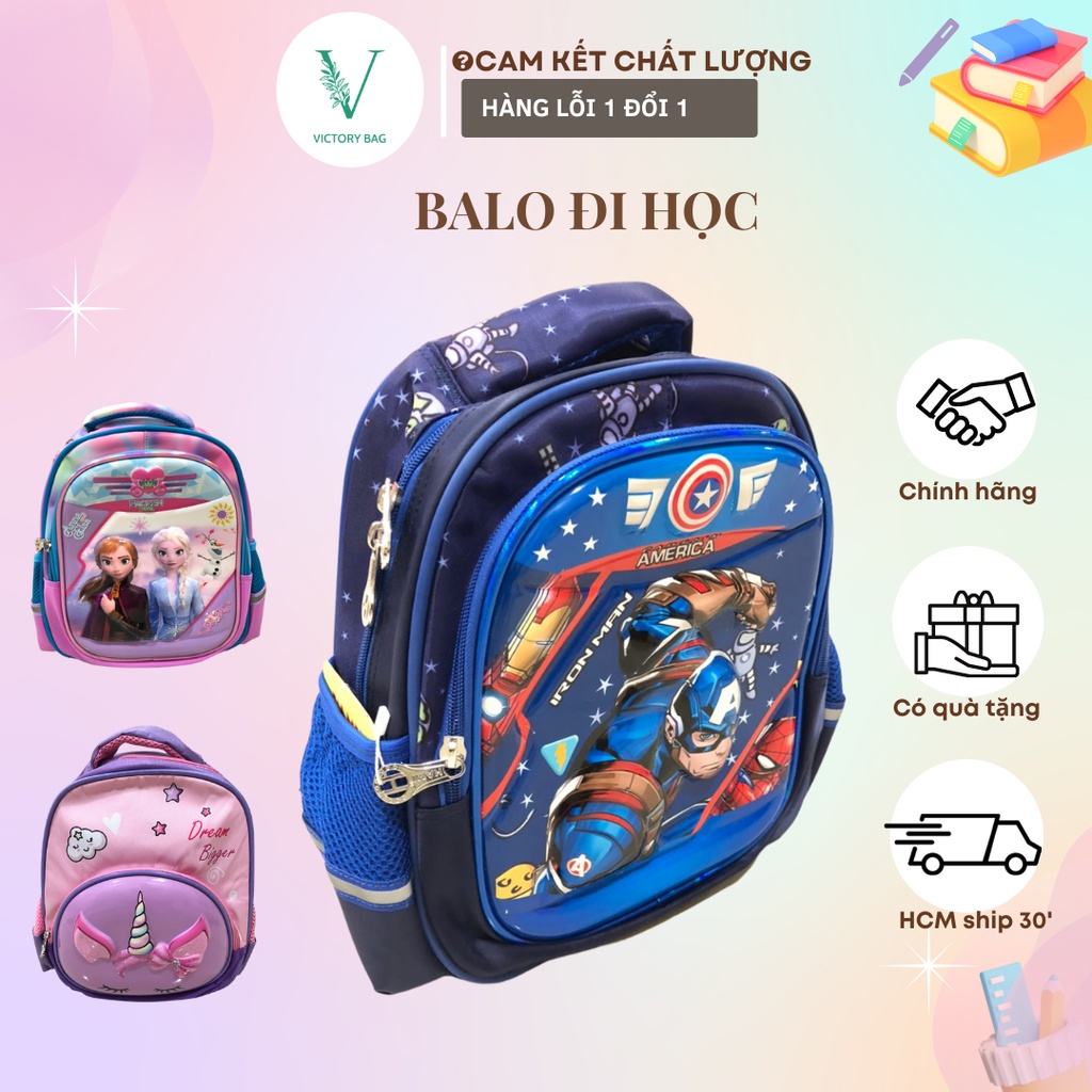 Balo cho bé Mẫu Giáo Nhà Trẻ bé gái bé trai 3 - 4 -5 tuổi, chống gù, chống nước Captain Elsa Pony Victory- 819