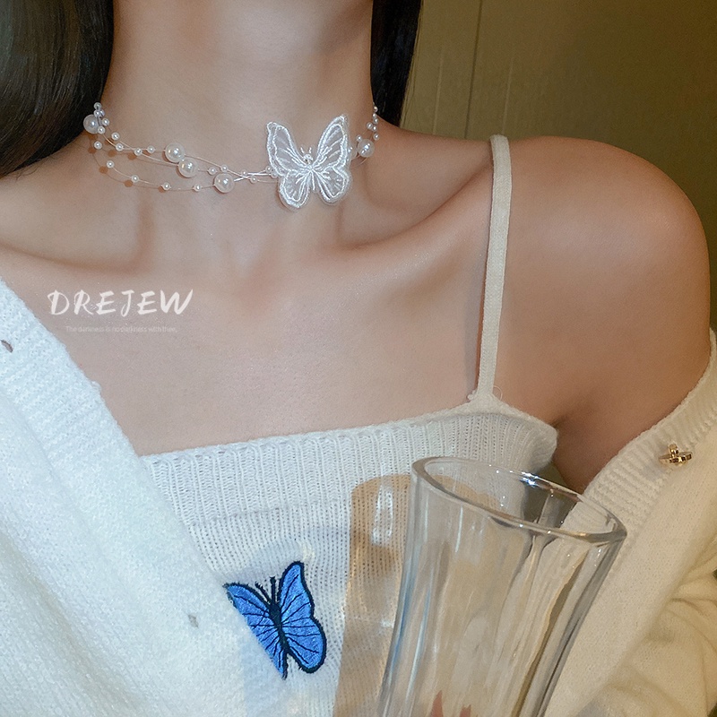 Dây chuyền DREJEW mặt hình bướm đính ngọc trai phong cách thời trang Hàn Quốc