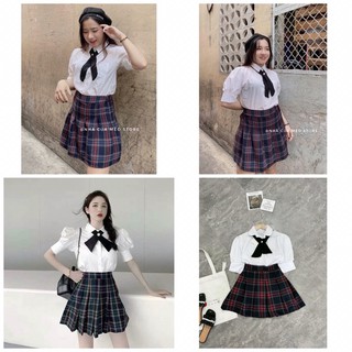 CHÂN VÁY CARO VÀ ÁO SƠ MI TAY PHỒNG KIỂU DÁNG NỮ SINH DỄ THƯƠNG