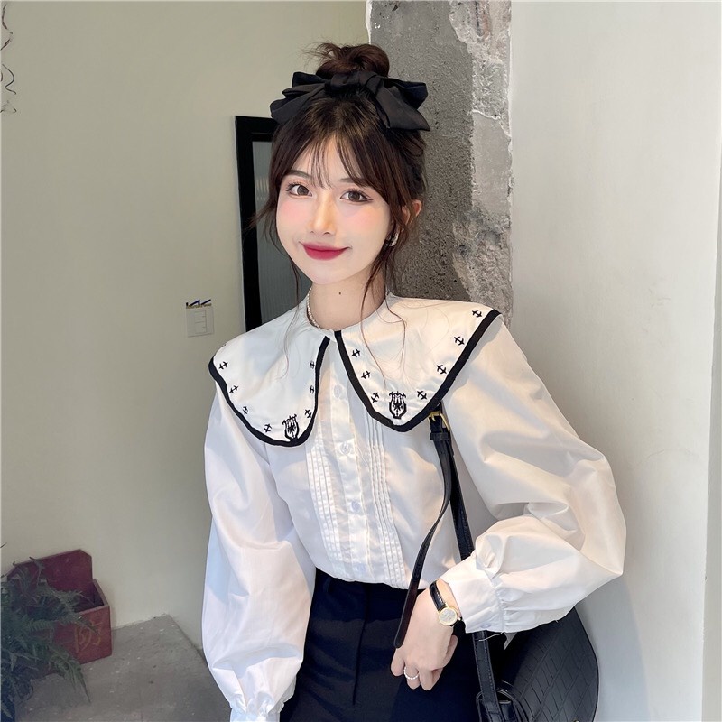 [Ảnh thật] Áo sơ mi cổ bèo xếp li ngực cách điệu họa tiết cổ áo ulzzang