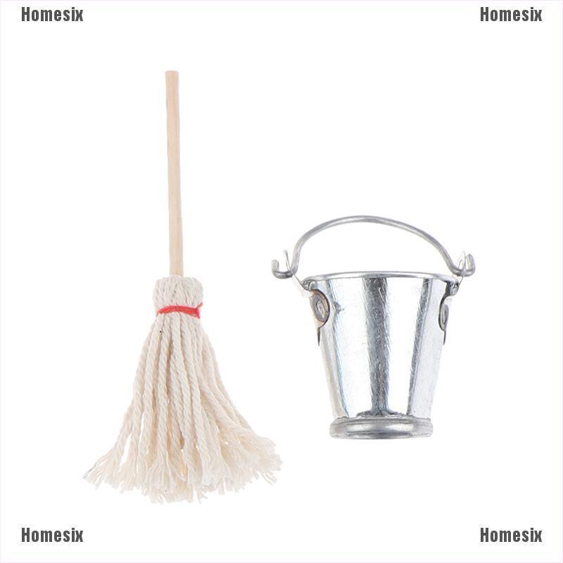 [HoMSI] 2 Pcs/Set Scale 1:12 Dollhouse Kitchen Garden Mop Bucket Creative Toys Gifts SUU