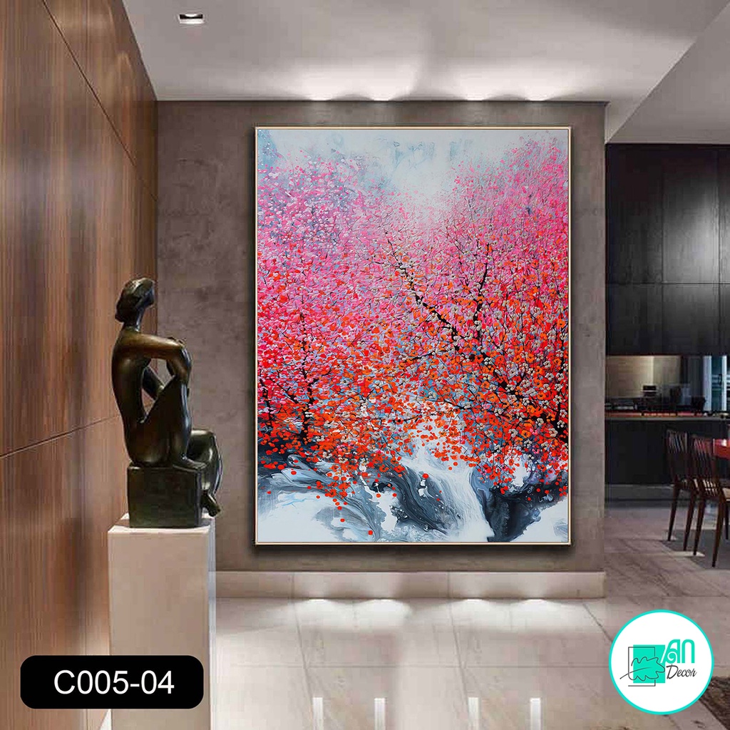 Tranh canvas treo tường hoa đào tông đỏ rực rỡ C004- 50 x 70 cm
