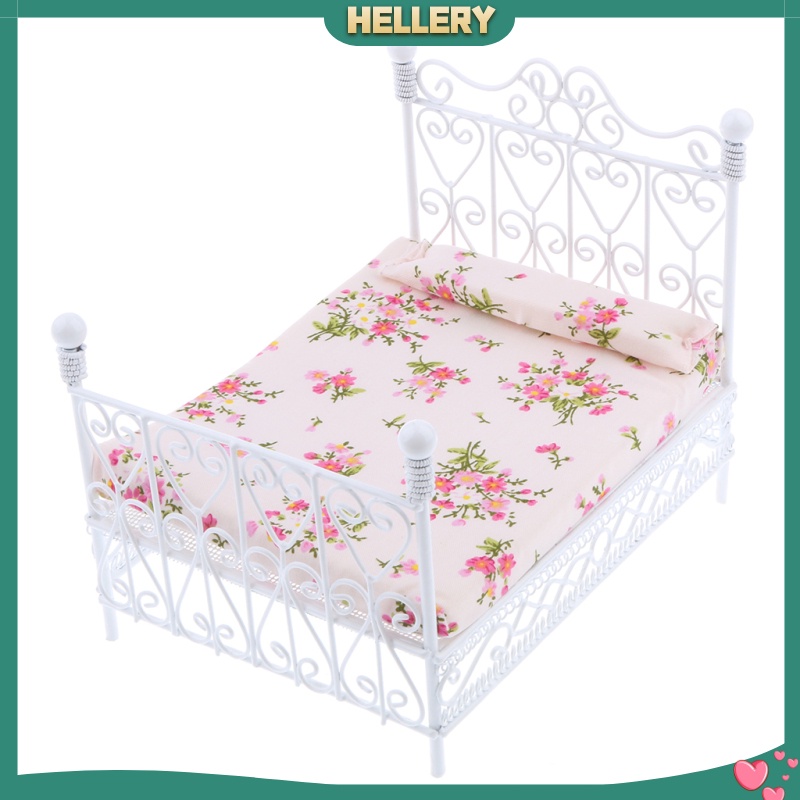 Giường Đôi Bằng Kim Loại Phong Cách Châu Âu Tỉ Lệ 1: 12 Trang Trí Nhà Búp Bê