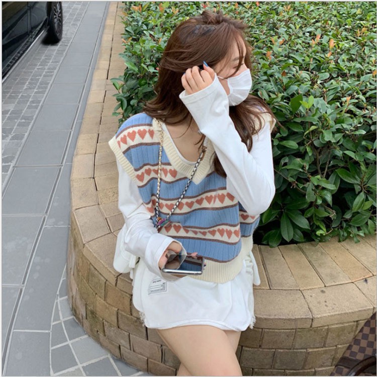 Áo Gile | Gile Len Cổ V Màu Pastel Chất Len Mịn Ulzzang Họa Tiết Trái Tim, Hàng Xinh Quảng Châu | BigBuy360 - bigbuy360.vn