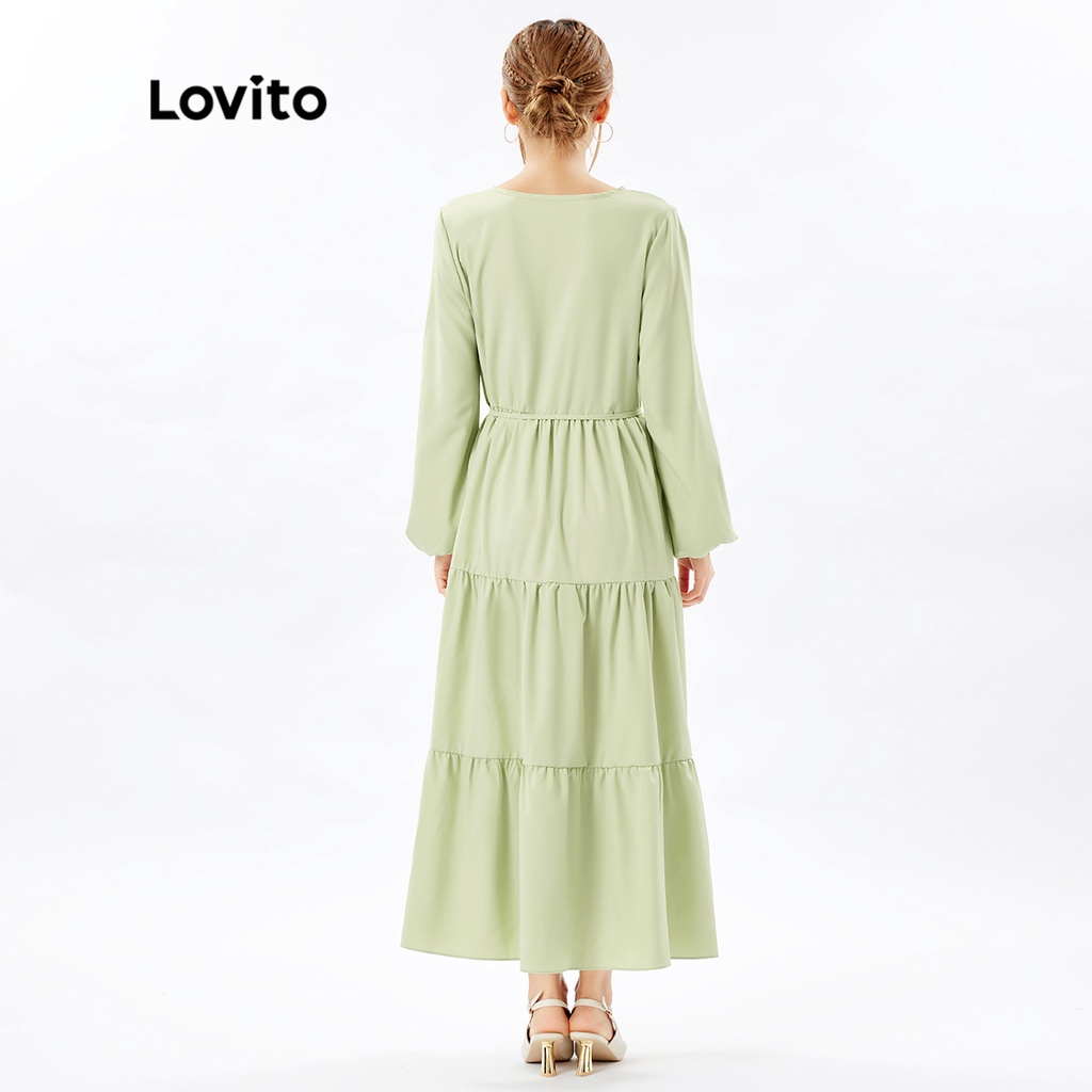 Đầm dạ hội Lovito xếp nếp tốt cổ chữ V màu trơn phong cách thường ngày L26ED055 (màu xanh lá nhạt)