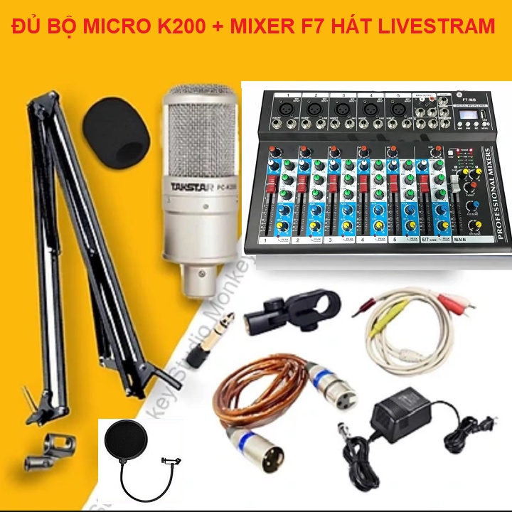 Đủ Bộ Mixer F7 MB Bluetooth, Micro PC-K200 Chính Hãng Takstar - Tặng Tai Nghe XB 450 - Đủ Phụ Kiện Gồm 8 Món