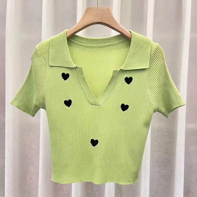Áo polo Dệt Kim Tay Ngắn Cổ Chữ V In Họa Tiết Trái Tim Thời Trang Mùa Hè Cho