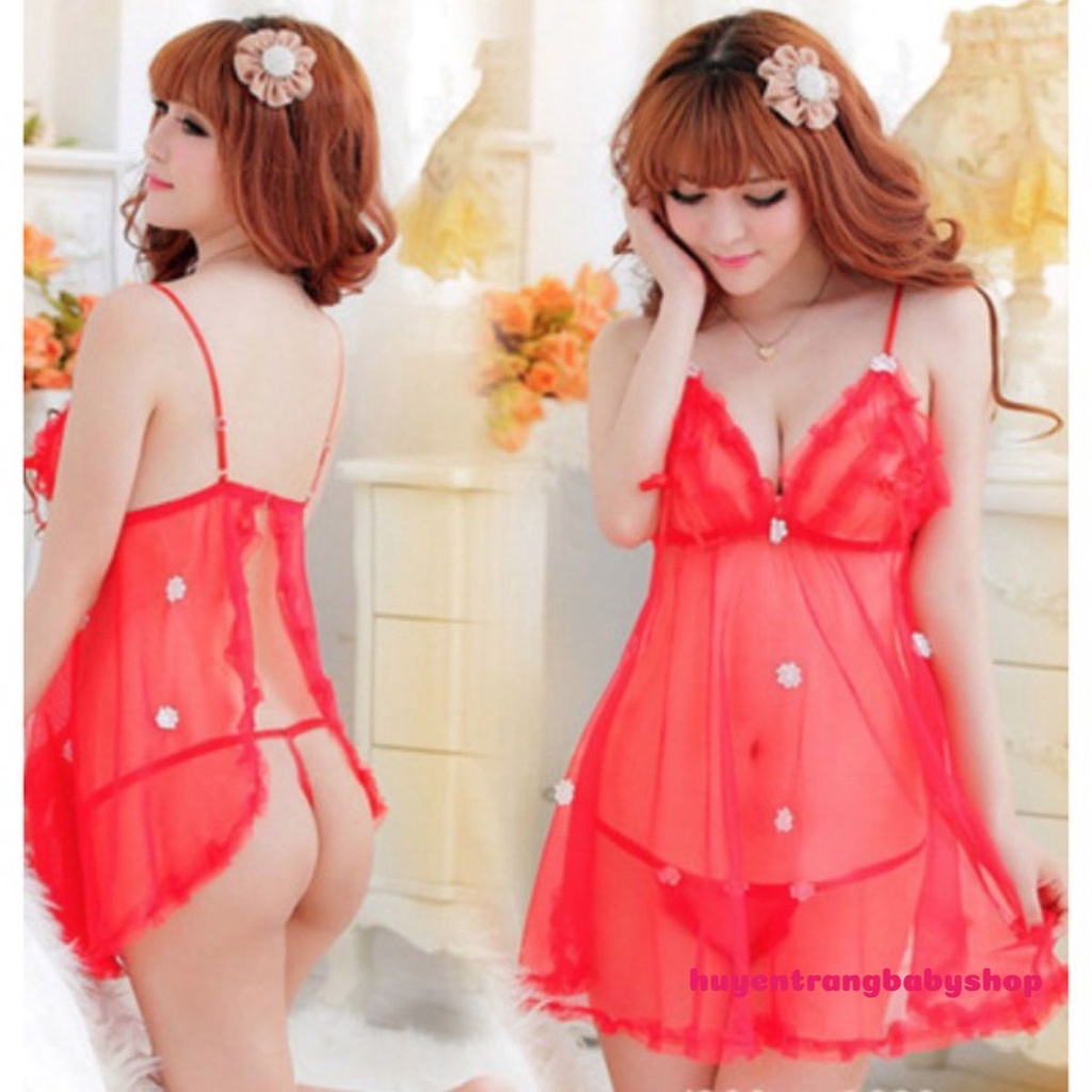 Váy ngủ sexy đính hoa giá rẻ có video (kèm chip) &lt;55kg VN88