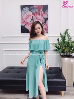 Đầm voan bèo trễ vai xẻ đùi
