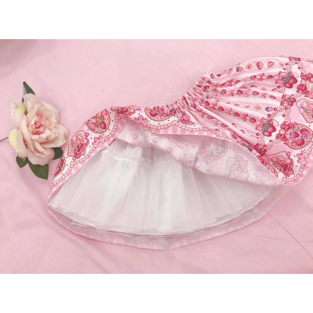 Chân váy Lolita print dâu cherry ngọt ngào, váy bèo công chúa cho bé gái 1-3 tuổi