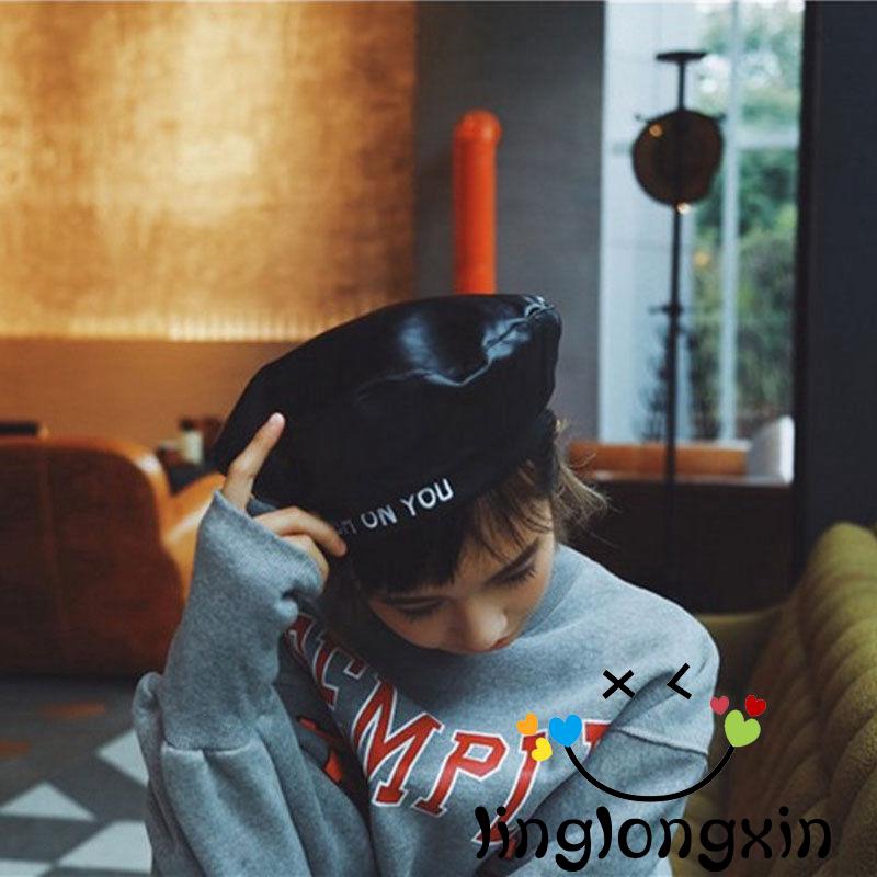 Mũ beret da PU đính nơ xinh xắn cho nữ