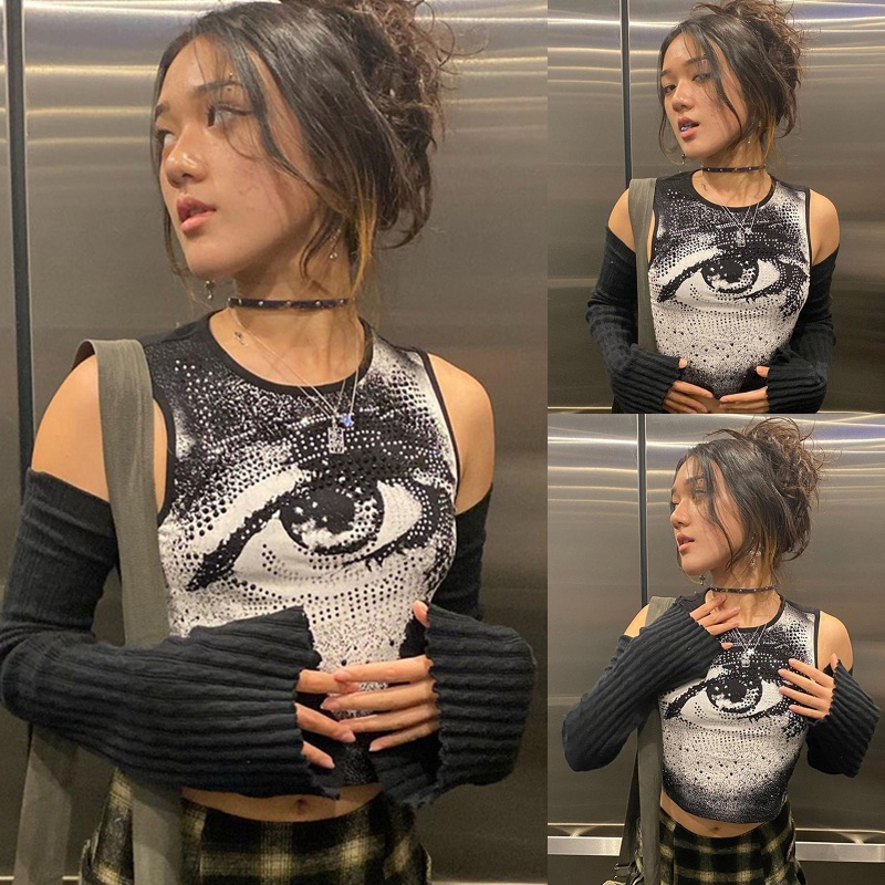 Áo Croptop Không Tay Cổ Tròn In Họa Tiết Đôi Mắt To Màu Gradient Phong Cách Harajuku Gothic Punk Cho Nữ