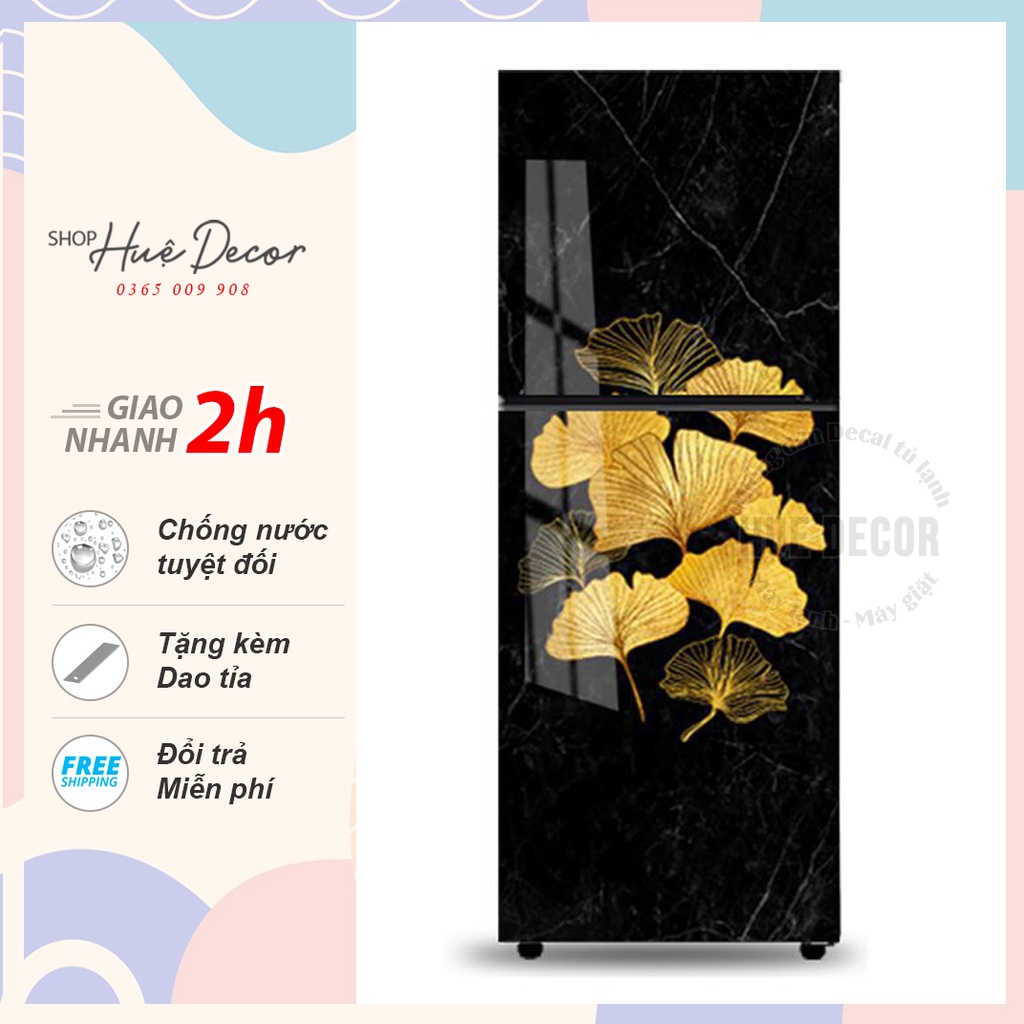 Decal dán tủ lạnh vân đá khảm hoa vàng sang trọng HUE DECOR siêu bền, chống nước, đủ kích thước